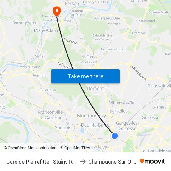 Gare de Pierrefitte - Stains RER to Champagne-Sur-Oise map