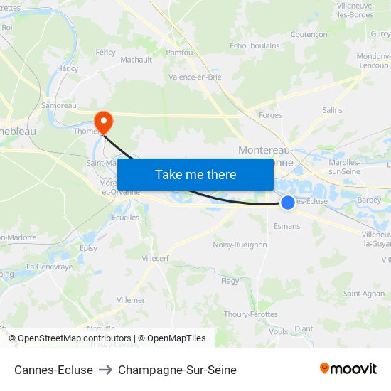 Cannes-Ecluse to Champagne-Sur-Seine map