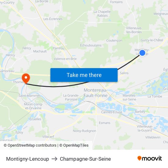 Montigny-Lencoup to Champagne-Sur-Seine map