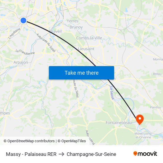 Massy - Palaiseau RER to Champagne-Sur-Seine map
