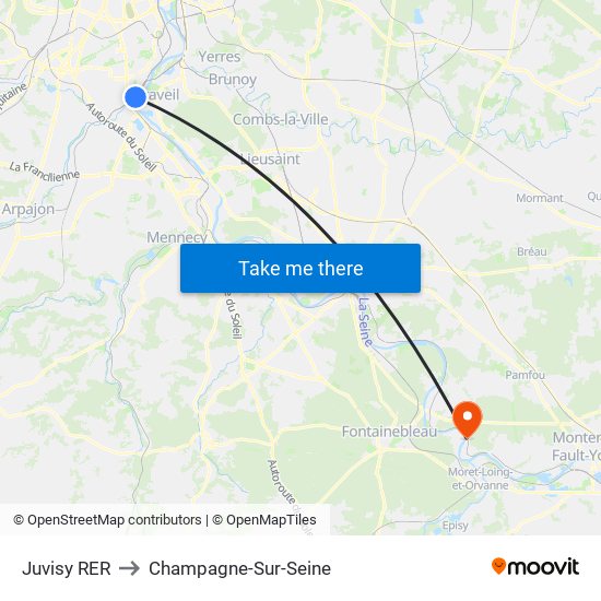 Juvisy RER to Champagne-Sur-Seine map