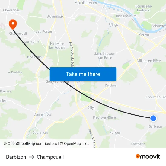 Barbizon to Champcueil map