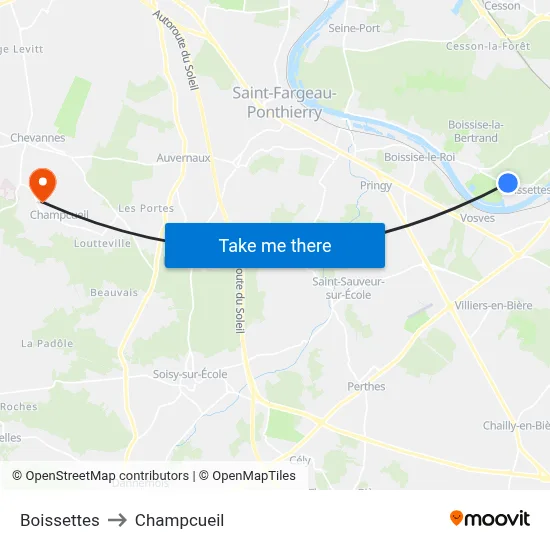 Boissettes to Champcueil map