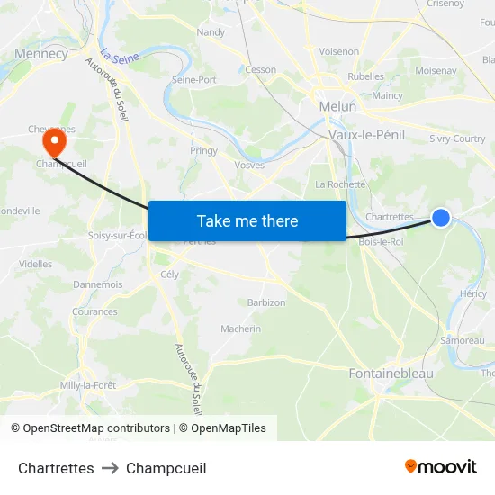 Chartrettes to Champcueil map