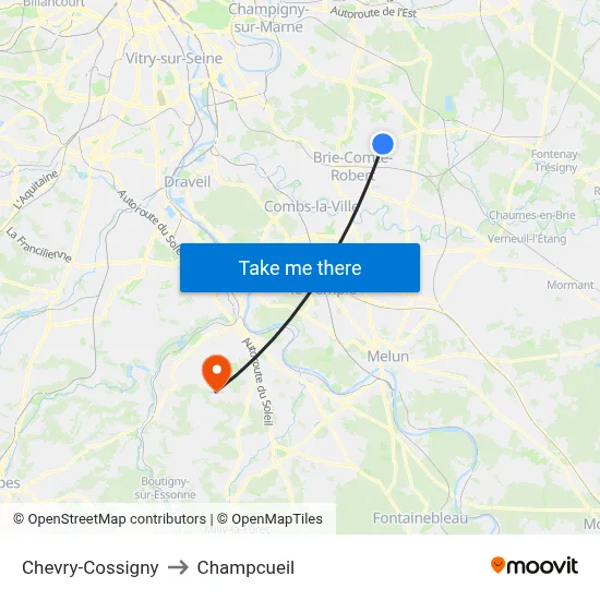 Chevry-Cossigny to Champcueil map