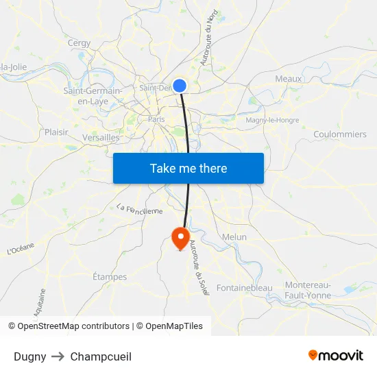 Dugny to Champcueil map