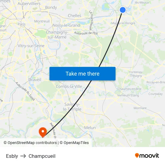 Esbly to Champcueil map