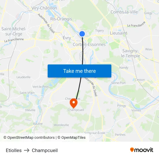 Etiolles to Champcueil map