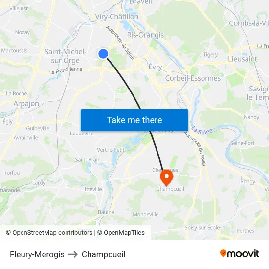 Fleury-Merogis to Champcueil map