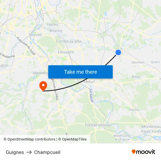 Guignes to Champcueil map