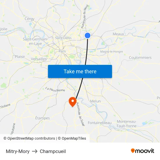 Mitry-Mory to Champcueil map