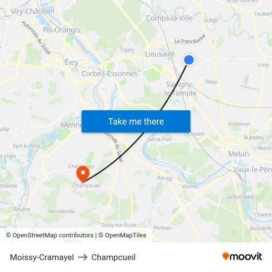 Moissy-Cramayel to Champcueil map
