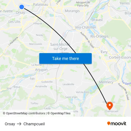 Orsay to Champcueil map