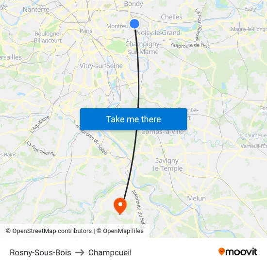 Rosny-Sous-Bois to Champcueil map