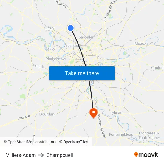 Villiers-Adam to Champcueil map