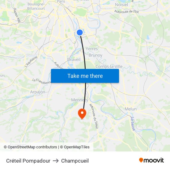 Créteil Pompadour to Champcueil map