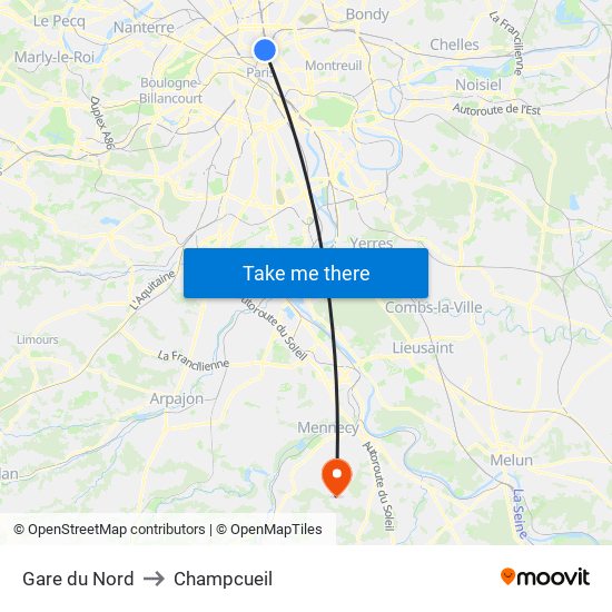 Gare du Nord to Champcueil map