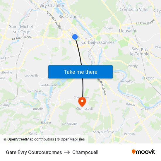 Gare Évry Courcouronnes to Champcueil map