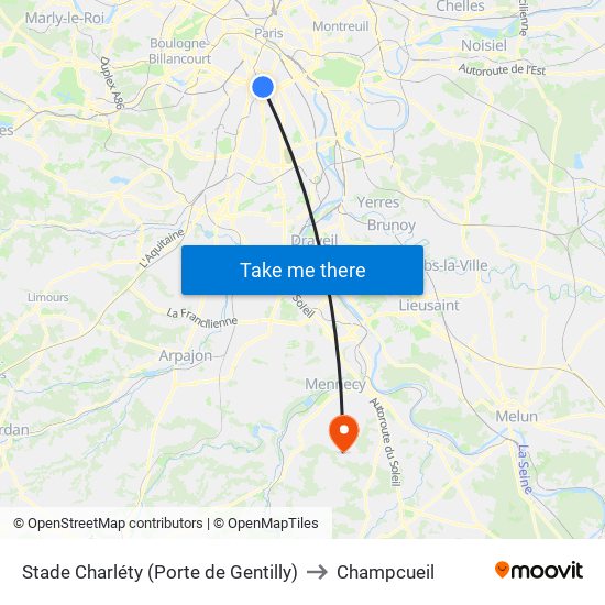Stade Charléty (Porte de Gentilly) to Champcueil map