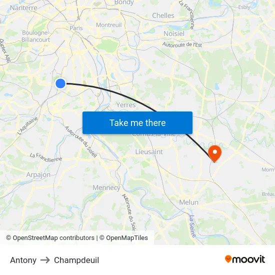 Antony to Champdeuil map