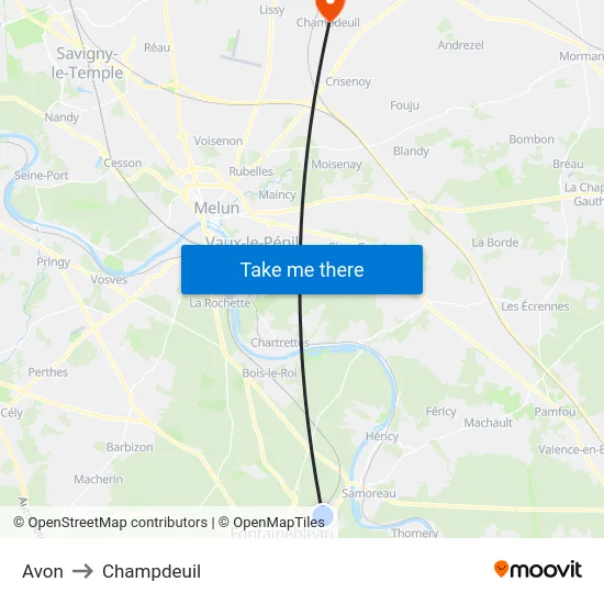 Avon to Champdeuil map