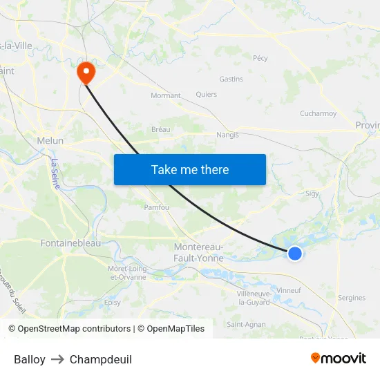 Balloy to Champdeuil map