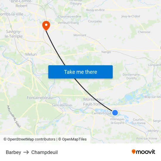 Barbey to Champdeuil map