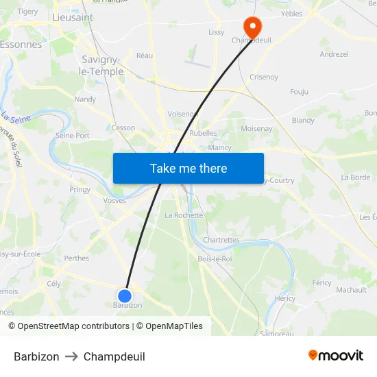 Barbizon to Champdeuil map