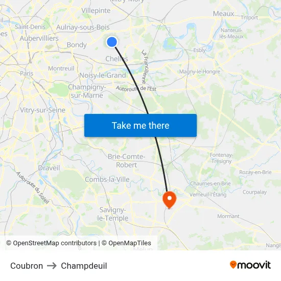 Coubron to Champdeuil map