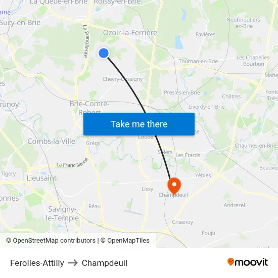 Ferolles-Attilly to Champdeuil map