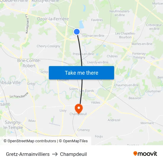 Gretz-Armainvilliers to Champdeuil map