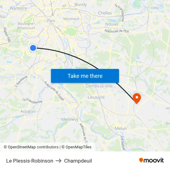 Le Plessis-Robinson to Champdeuil map