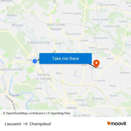 Lieusaint to Champdeuil map