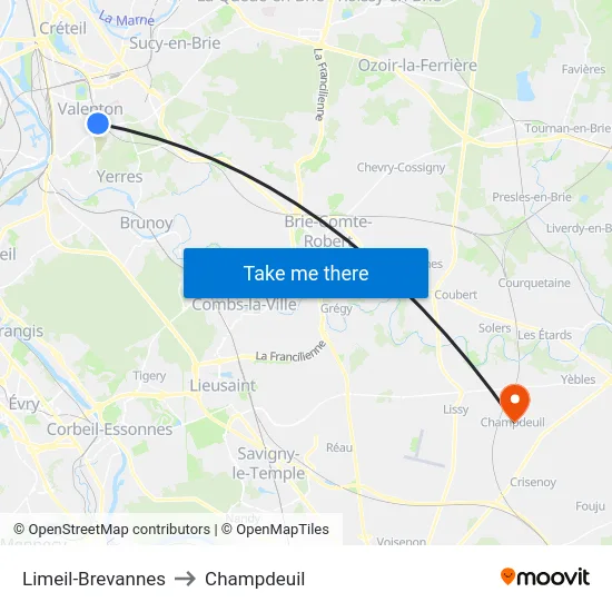 Limeil-Brevannes to Champdeuil map