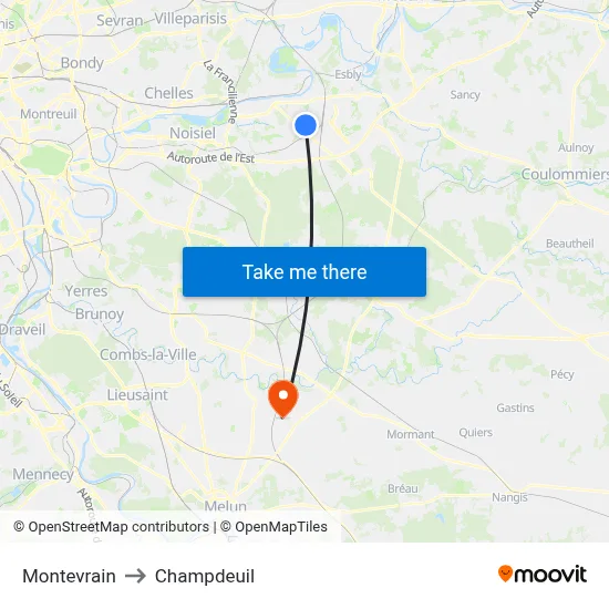 Montevrain to Champdeuil map