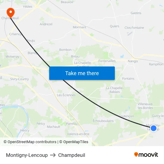Montigny-Lencoup to Champdeuil map