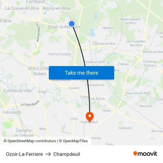 Ozoir-La-Ferriere to Champdeuil map