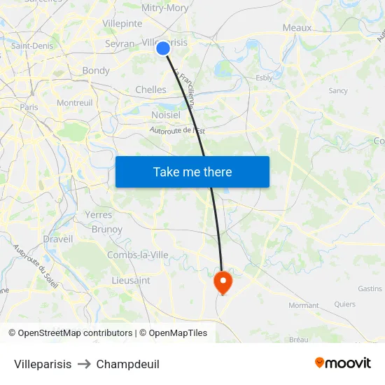 Villeparisis to Champdeuil map