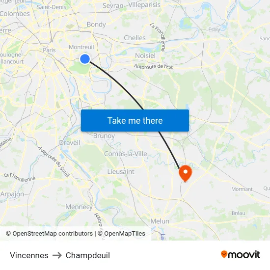 Vincennes to Champdeuil map