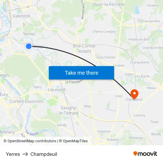 Yerres to Champdeuil map