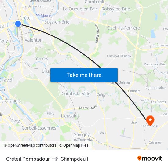 Créteil Pompadour to Champdeuil map