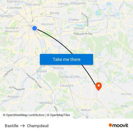 Bastille to Champdeuil map
