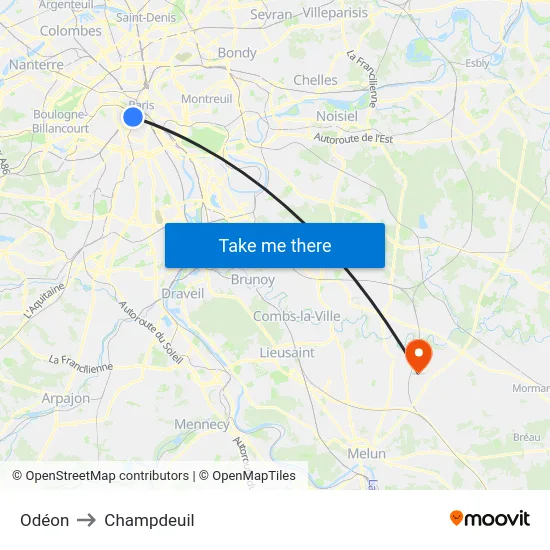 Odéon to Champdeuil map
