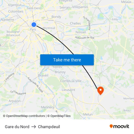 Gare du Nord to Champdeuil map