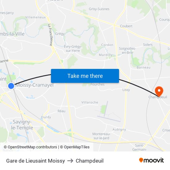Gare de Lieusaint Moissy to Champdeuil map