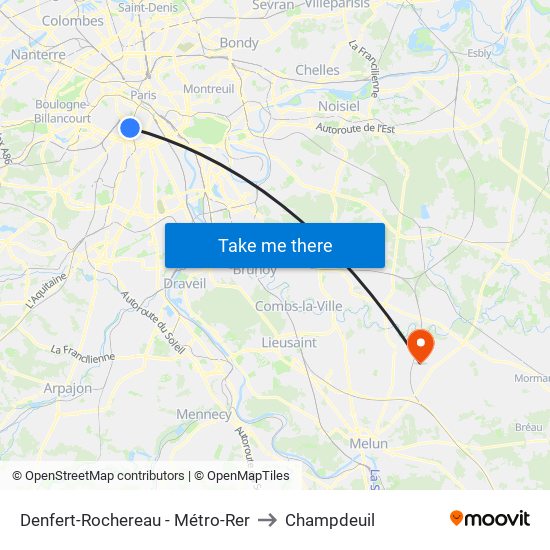 Denfert-Rochereau - Métro-Rer to Champdeuil map