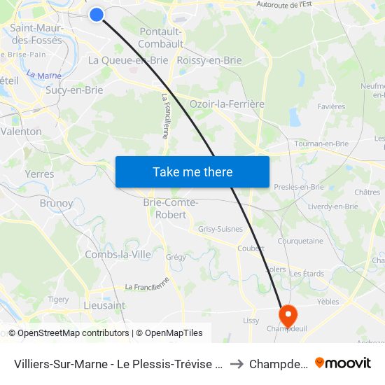 Villiers-Sur-Marne - Le Plessis-Trévise RER to Champdeuil map