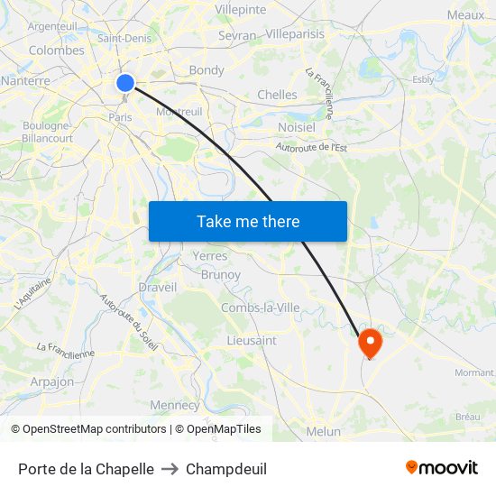 Porte de la Chapelle to Champdeuil map