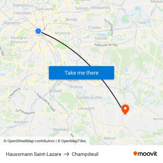 Haussmann Saint-Lazare to Champdeuil map