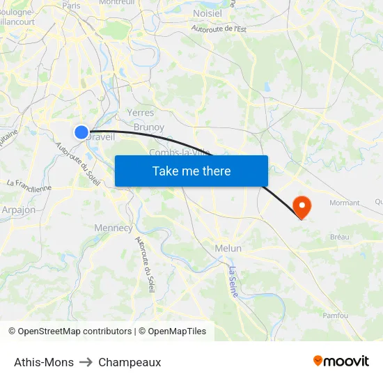 Athis-Mons to Champeaux map